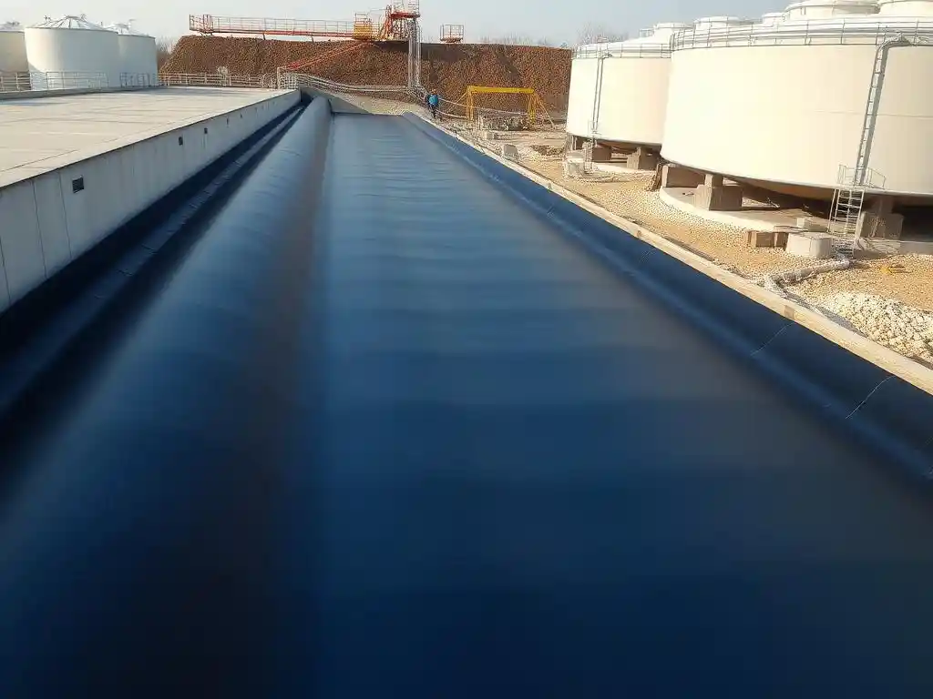 Detailed view of the BPM Smooth Geomembrane HDPE liner with large industrial tanks or wastewater facilities