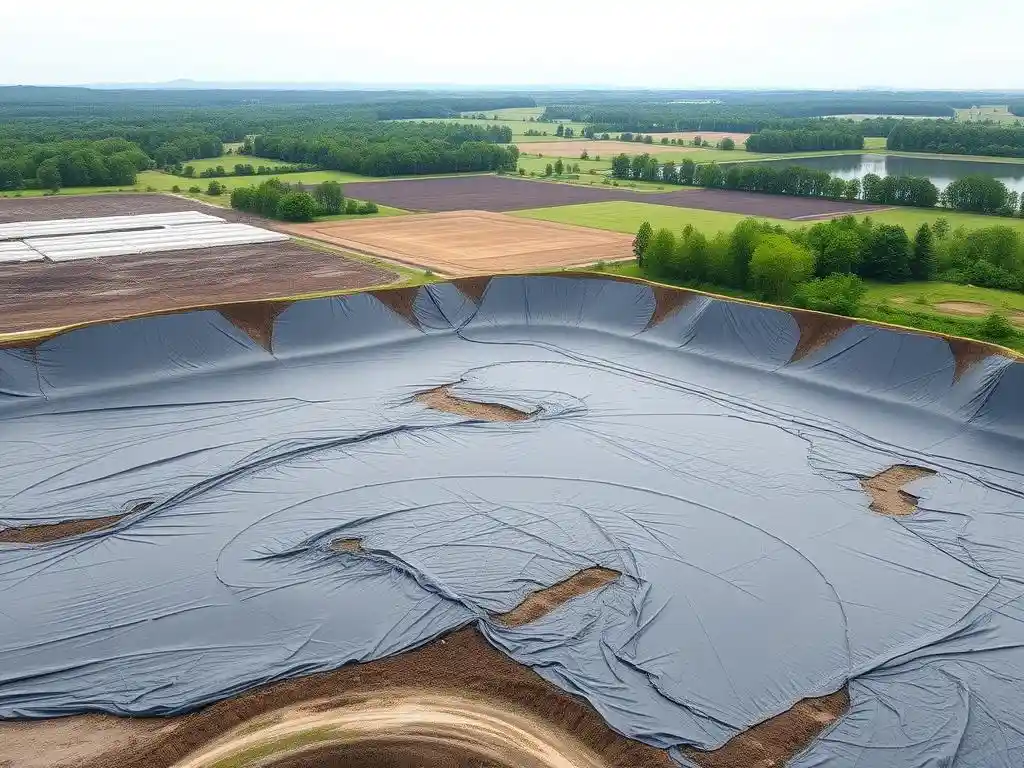 Visual of a landfill site with HDPE liners being applied, emphasizing their vast coverage and landscape integration