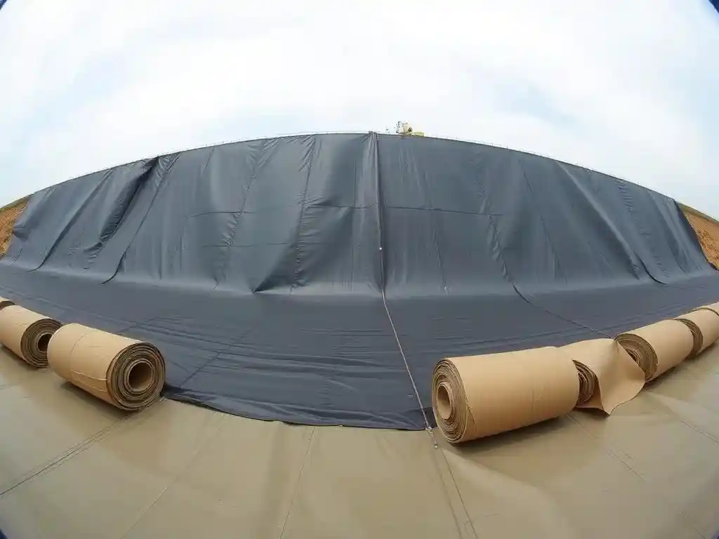 Wide-angle view of a large scale geotextile operation involving NAUE SecuLine HDPE geomembrane with extensive roll coverage